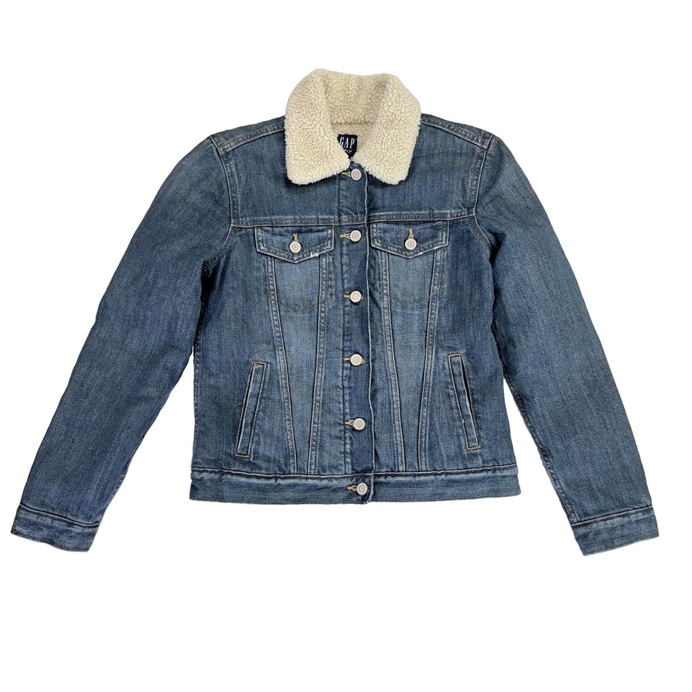 Gap Denim Sherpa Lined Jean Jacket Women Small Blue Trucker Retro Y2K Cozy EUC